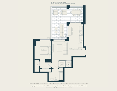 Floor plan for 1 bed, 1 bath, 654 sqft